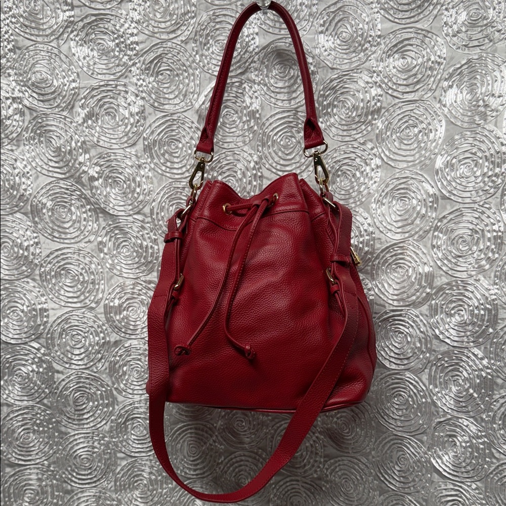 Ora Delphine Claire Drawstring Bucket Shoulder Bag Red Genuine Leather